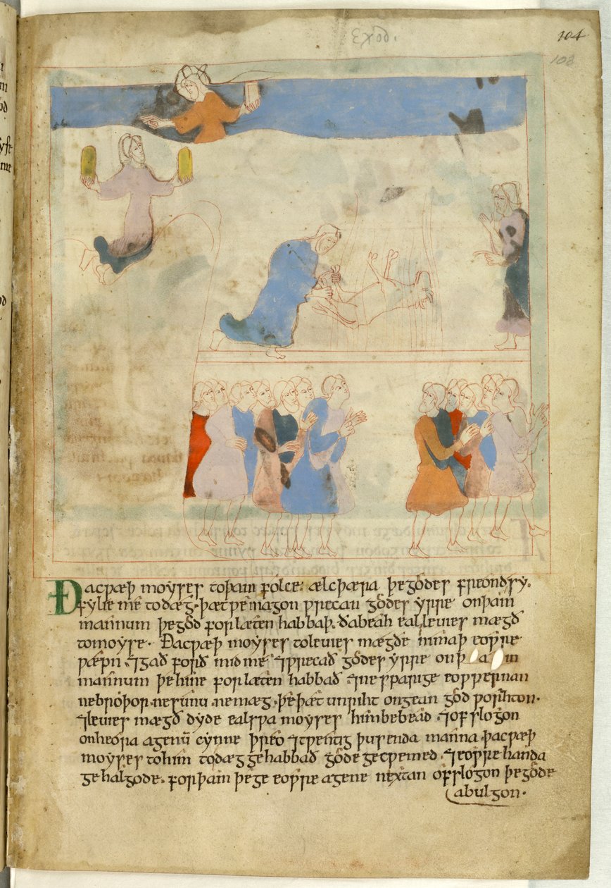 Cotton Claudius B. IV，f.103 摩西与十诫，"古英语六经插图"（牛皮纸）中的插图 作者 学校英语
