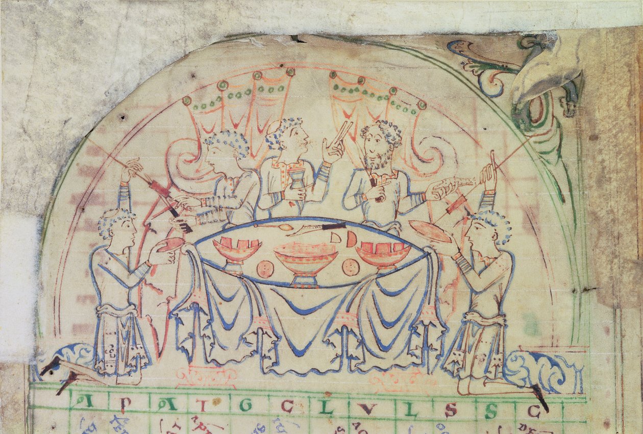 Cotton MS Tiberius C VI f.5v 日历上的节日场景，11 世纪第 3 季度-12 世纪下半叶（羊皮纸） 作者 学校英语