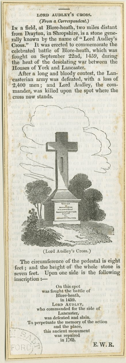 Drayton-in-Hales-&39;Audley Cross on Blore Heath&39;：木刻版画，nd [？19th cent]（印刷） 作者 学校英语