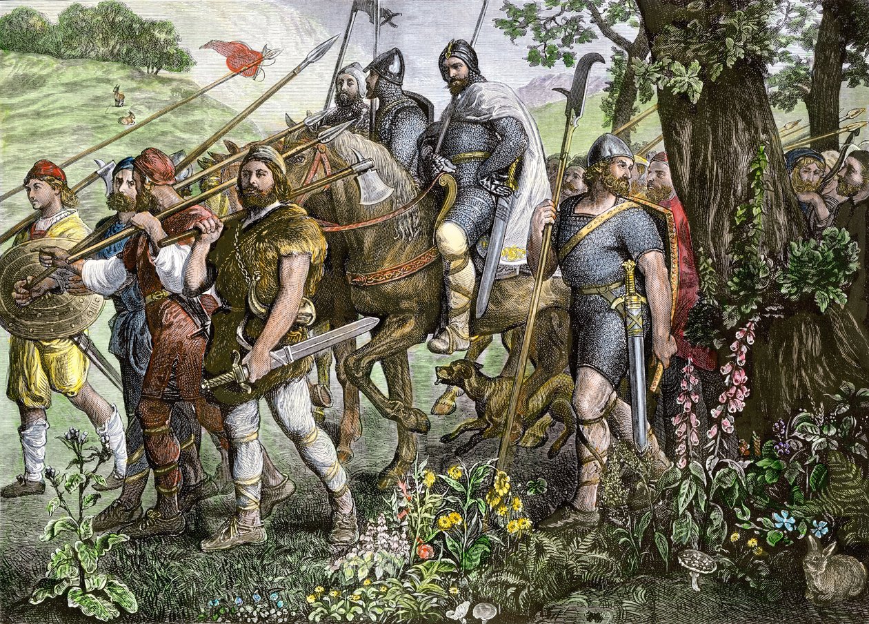 1066 年诺曼人入侵英格兰期间，肯特男子上阵保卫英格兰（彩色雕刻） 作者 学校英语