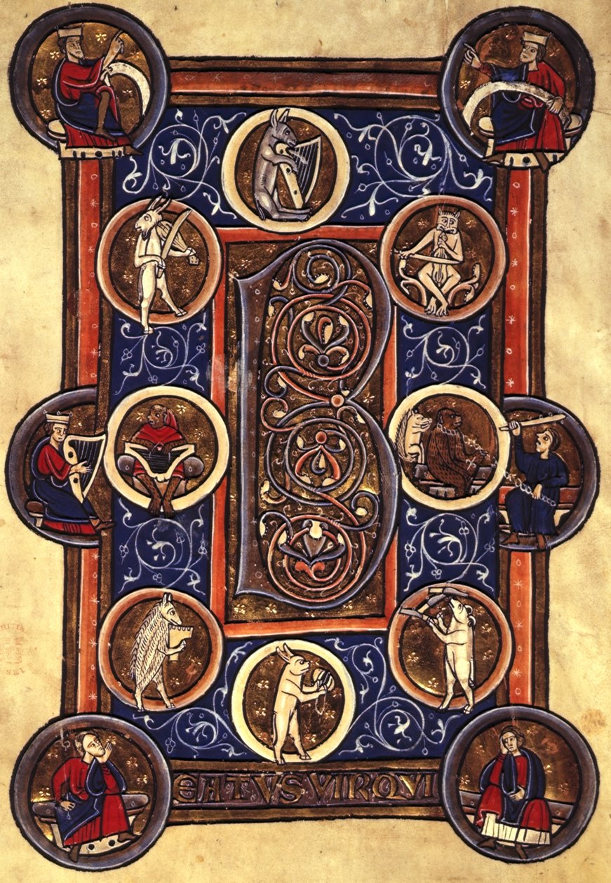 Lansdowne 420 fol.12v Psalm I，带有人居住的首字母 "B"（牛皮纸） 作者 学校英语