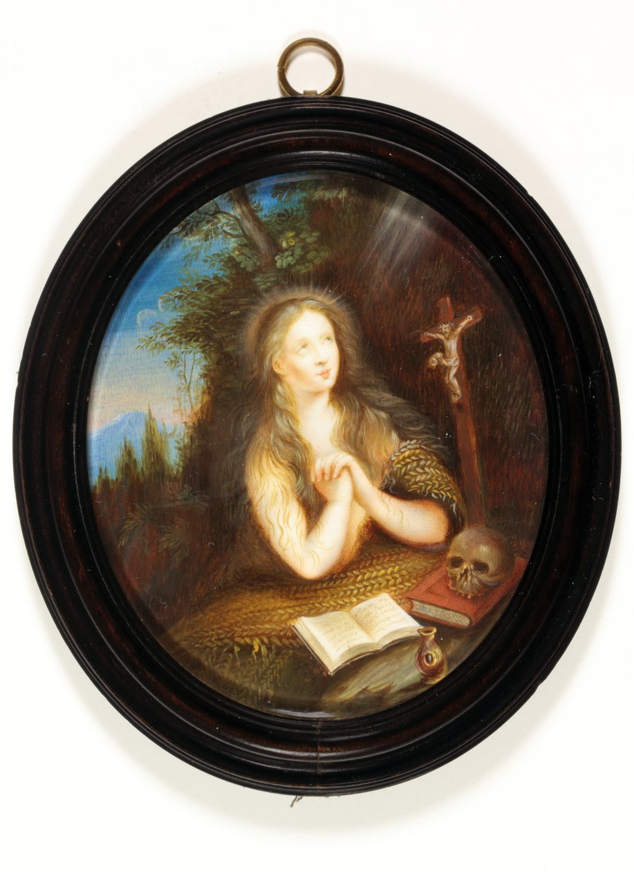 Mary Magdalene leaning against a bank, her eyes raised to a crucifix (enamel) 作者 学校英语