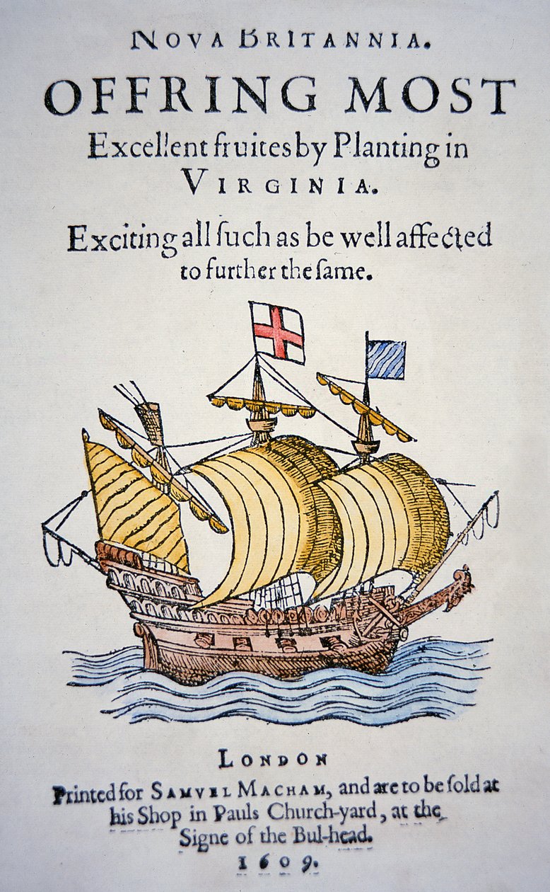 鼓励殖民者前往美国弗吉尼亚州的小册子，1609年出版（彩色平印）。 作者 学校英语