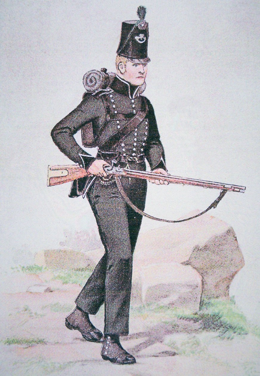 第95步兵团士兵，约1810年，装备有伦敦的Ezekiel Baker设计的Baker步枪（彩色平印）。 作者 学校英语