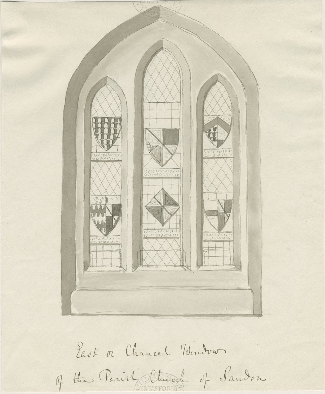 Sandon Church - East window of Chancel: sepia wash drawing, nd [?18th cent] (drawing) 作者 学校英语