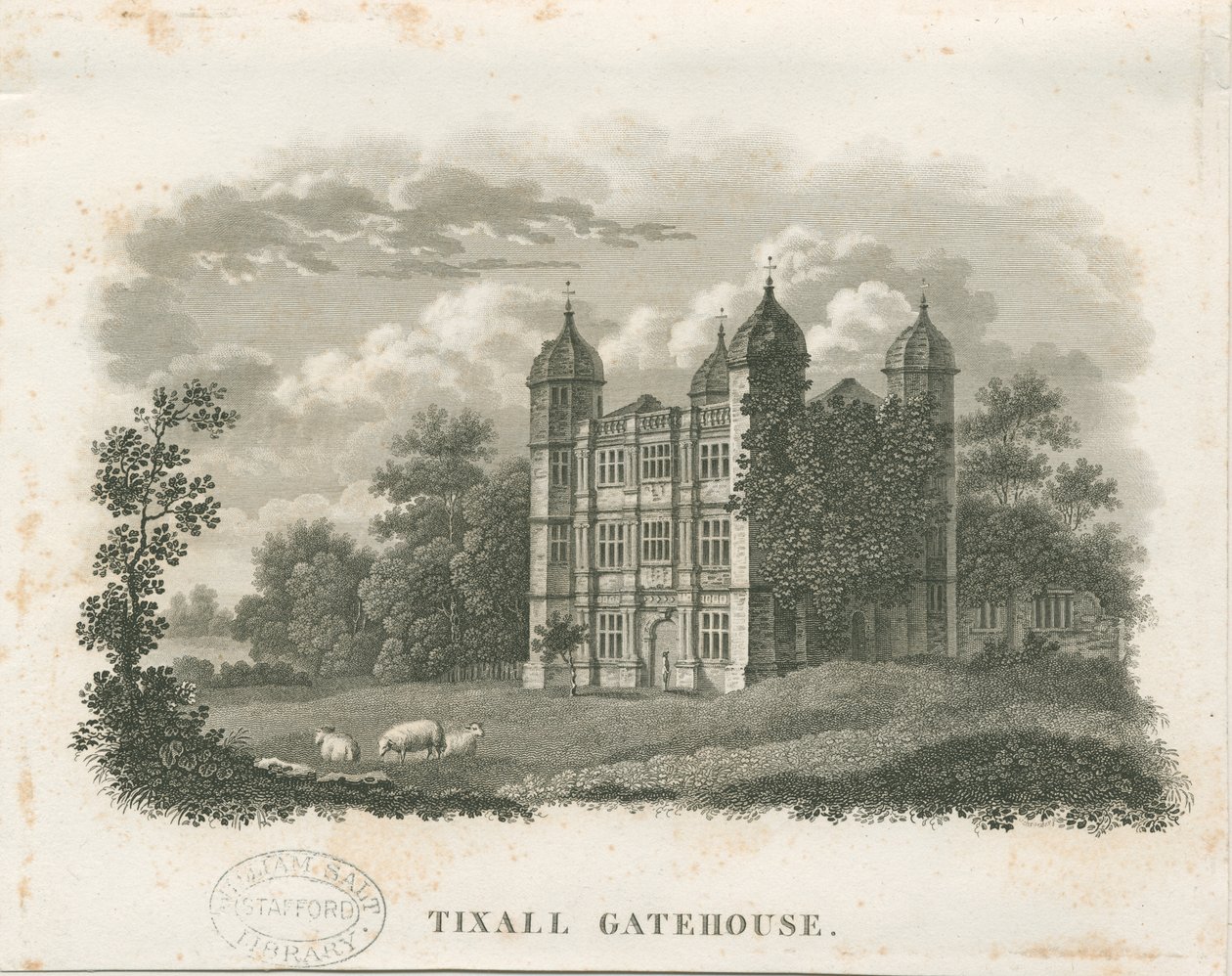 Tixall Hall - Gatehouse: 雕刻（虚线），nd [19世纪初] (打印) 作者 学校英语