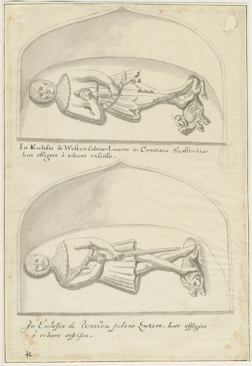 Weston-under-Lizard Church - Effigies of Sir Hugh de Weston and Sir Hamo de Weston: pen and wash drawing, nd [18th cent] (drawing) 作者 学校英语