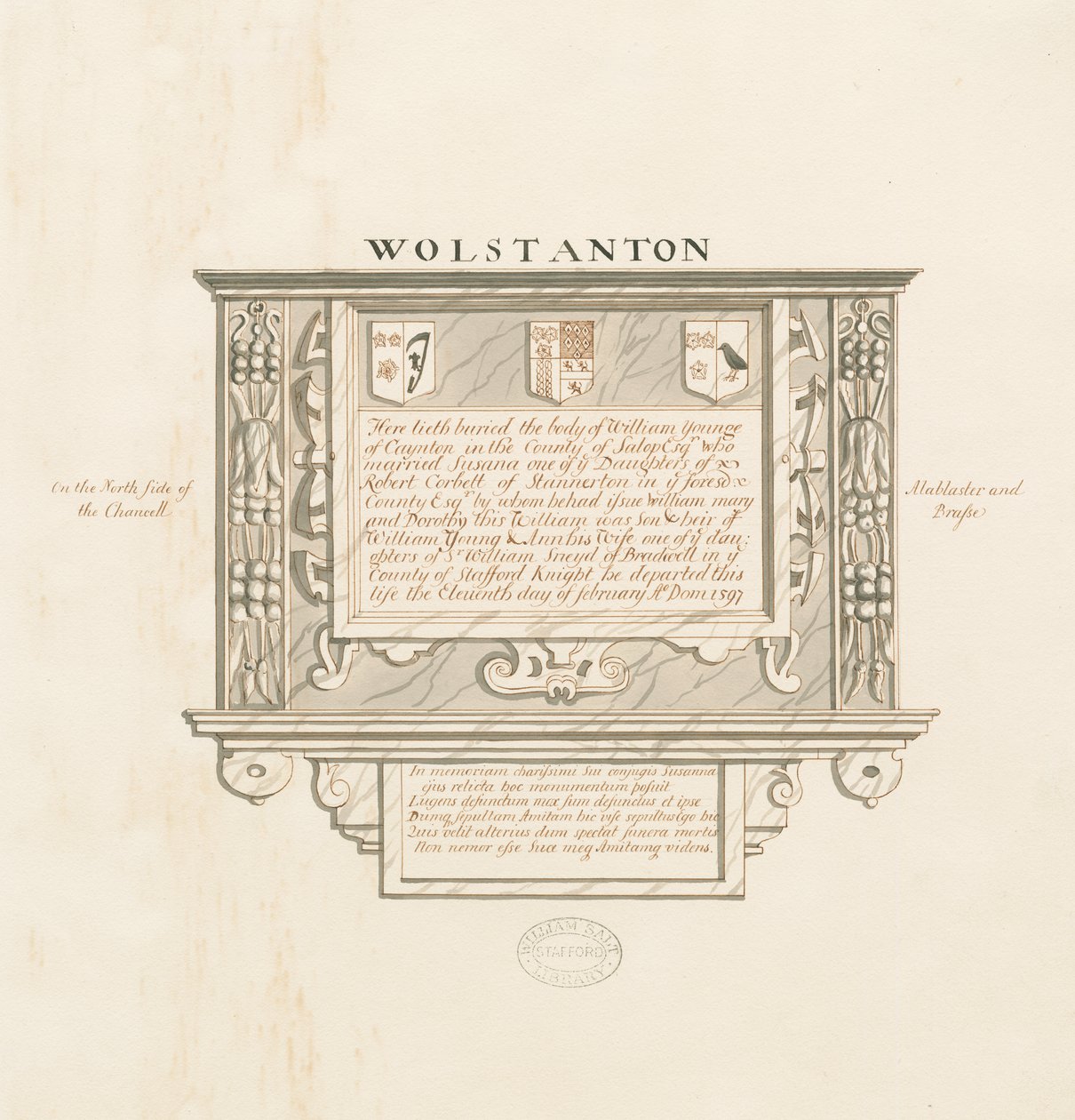 Wolstanton教堂-Caynton的William Yonge的墙纪念碑：钢笔和水墨画，nd [？19th cent]（画图） 作者 学校英语