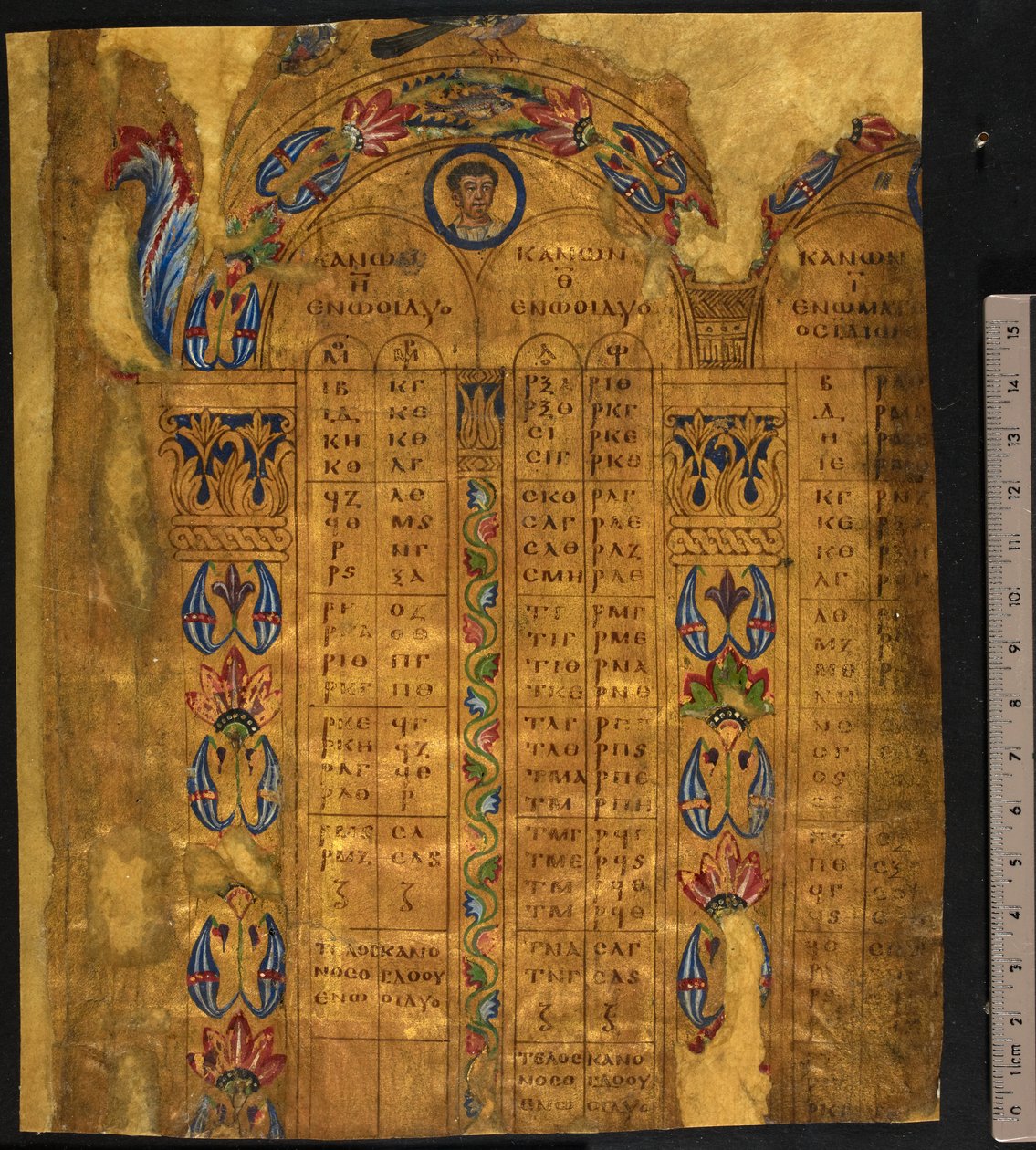 佳能桌子，6-7 世纪，Add MS 5111，f.11r（羊皮纸上带有金箔的钢笔和墨水） 作者 欧洲学校