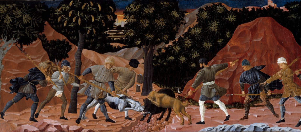 野猪打猎的场景。细节。佛罗伦萨画派的匿名画作。1450-1460.图卢兹，奥古斯丁博物馆 作者 佛罗伦萨学校