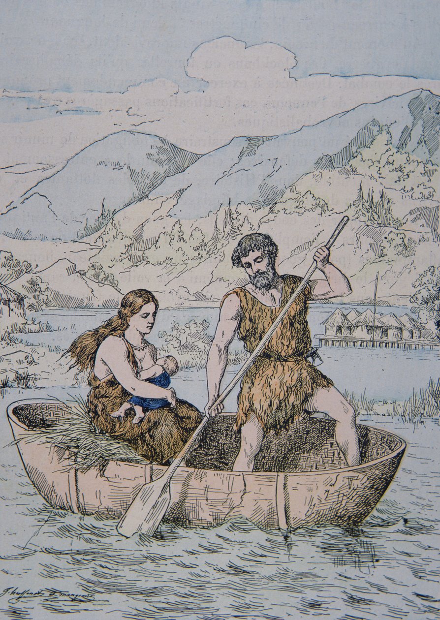 Coracle 型船中的古代高卢人（彩色石版画） 作者 法语学校