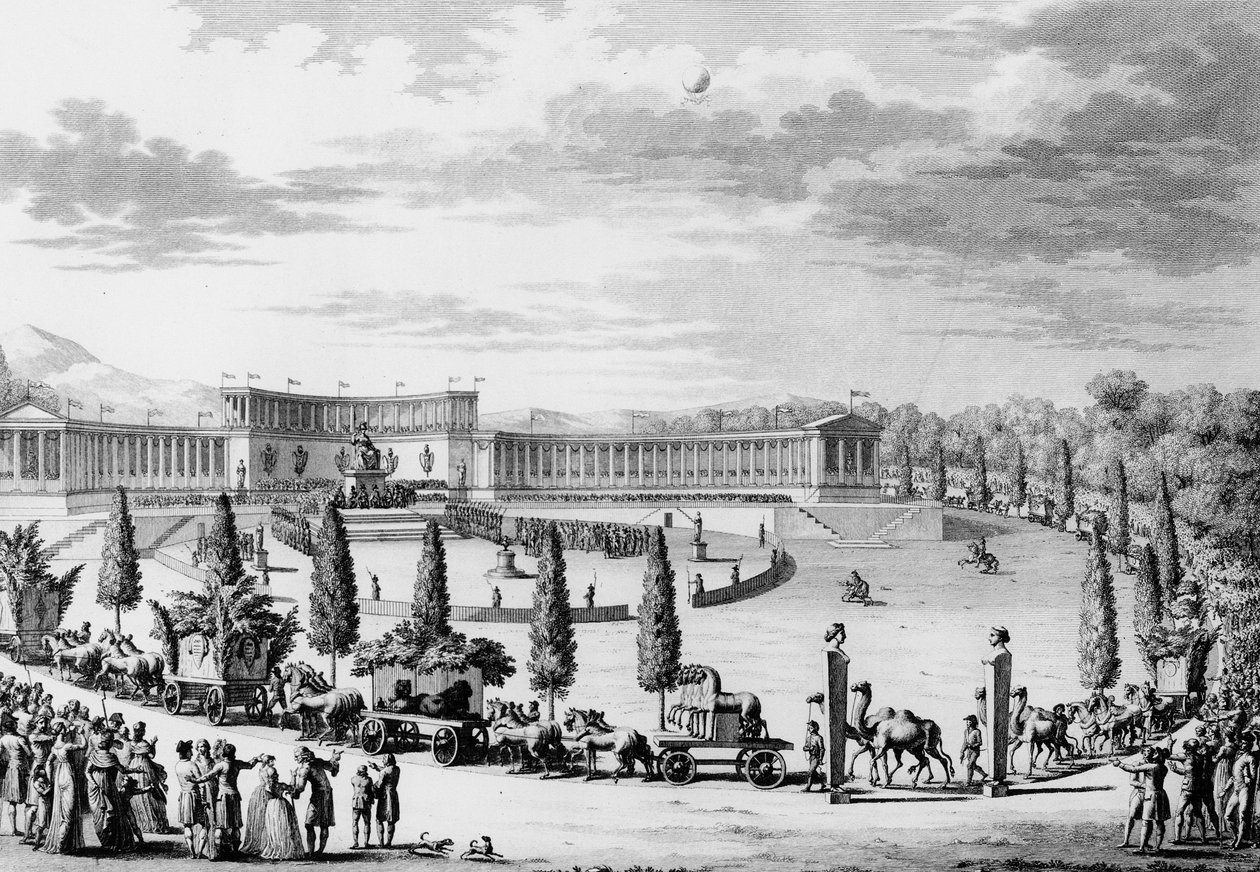 法国大革命。在执政官拿破仑-波拿巴（1769-1821）的命令下，法国科学和艺术纪念碑在9日和10日的Thermidor An VI（1798年7月28日）凯旋之际举行的庆典（抢劫活动）。巴黎。 作者 法语学校