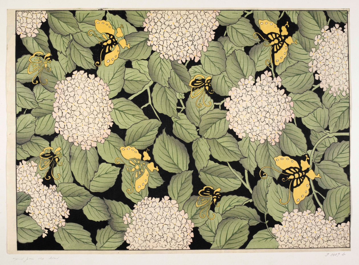 日本花卉图案，"奥尔加-赫希装饰纸收藏 "插图（彩色木刻版画） 作者 法语学校
