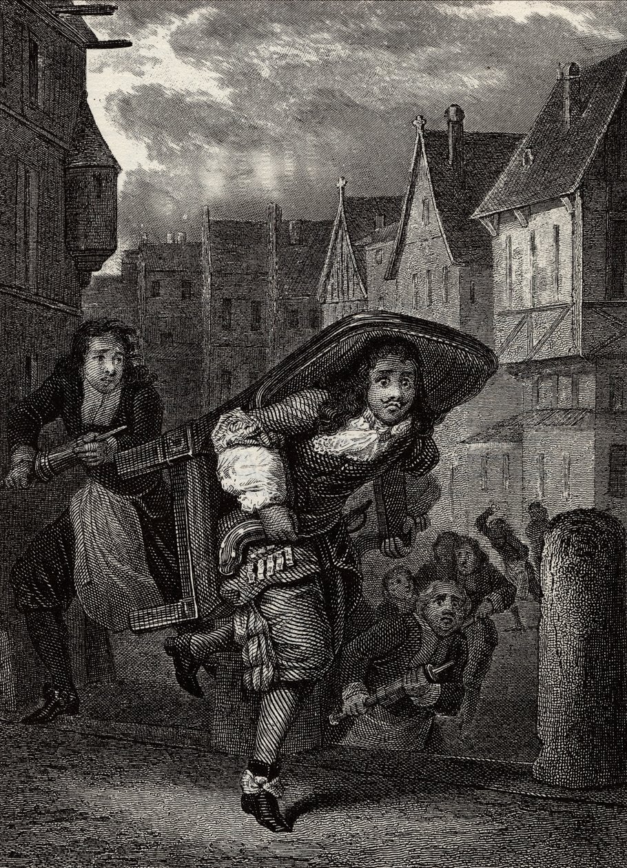 "Pourceaugnac先生 "英国作家莫里哀 "作品 "中的版画--Jean-Baptiste Poquelin dit Moliere（Jean Baptiste Poquelin）的戏剧 "Pourceaugnac先生 "的场景。 作者 法语学校