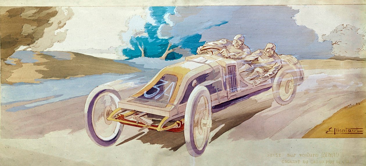 赛车：一辆赛车 "Beisz sur une voiture Renault" E. Montre的石版画，巴黎国家艺术与计量学院，巴黎 作者 法语学校
