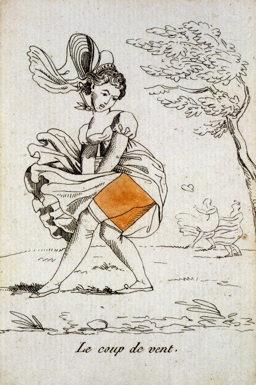 打的老牌：方块A--"阵风 "掀起女人的裙角。Joucher牌博物馆，Issy-les-Moulineaux。 作者 法语学校