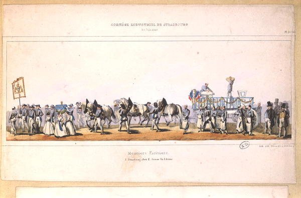 Meuniers-Fariniers（磨坊主）在斯特拉斯堡的游行，1840年6月25日（彩色平印）。 作者 法语学校