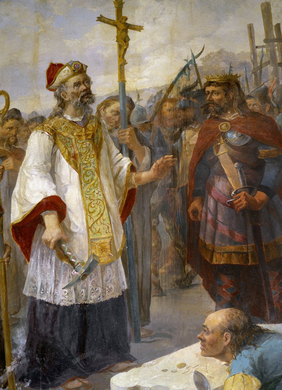 St Corentin lays the 1st stone of the Cathedrale de Quimper on Odet in the presence of King Gralon Meur, 435 - painting of the church of Morlaix 作者 法语学校