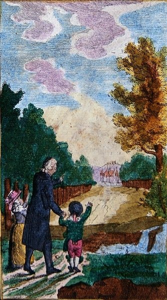 孩子们和他们的老师在一起，出自《Le Nouveau Chemin du Plaisir》，出版于纽伦堡，18世纪末或19世纪初（彩色木刻）。 作者 学校德语