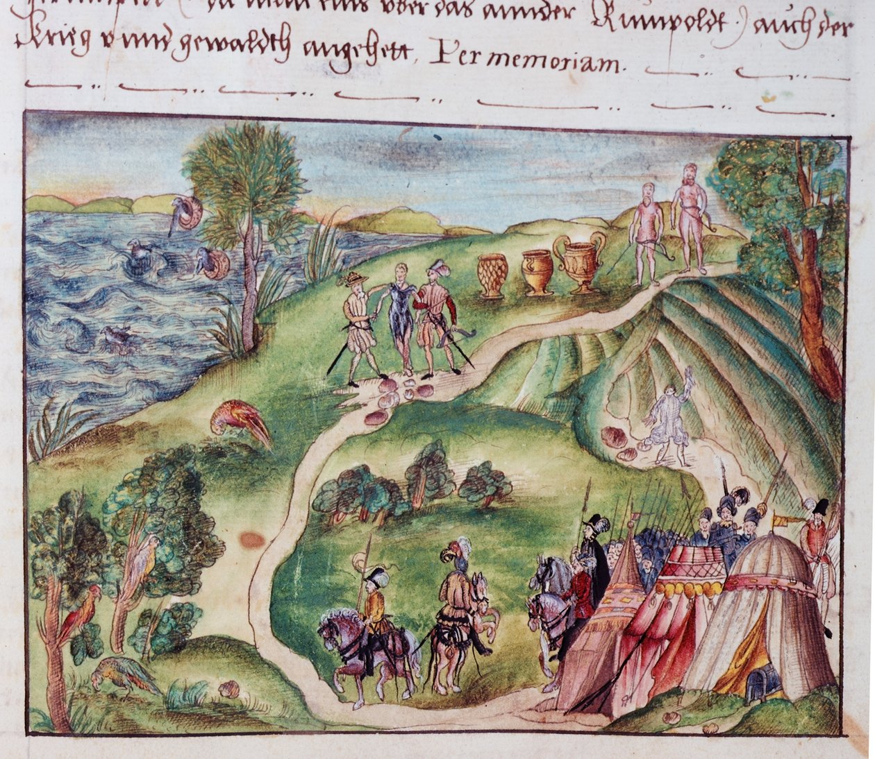 MS Add.15217 fol.40 委内瑞拉风景与西班牙营地，摘自纽伦堡科勒家族回忆录集 作者 学校德语