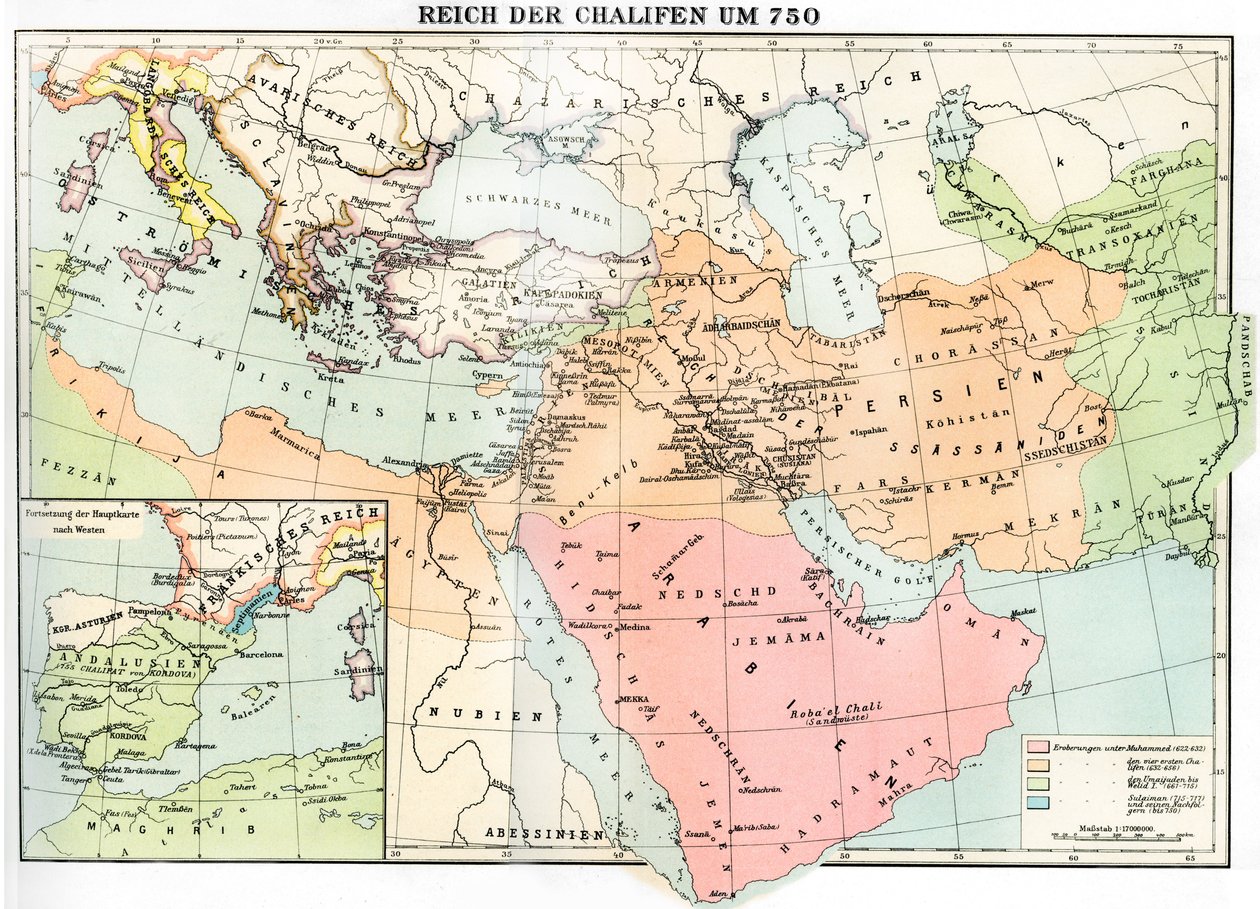 750 年哈里发帝国地图，摘自 Julius von Pflugk-Harttung 所著《世界历史 作者 学校德语