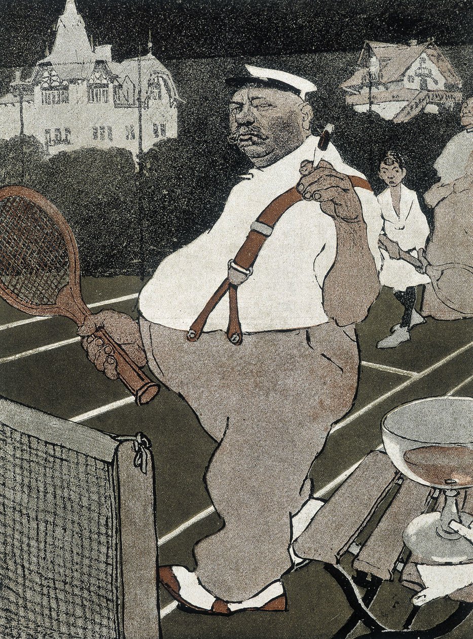 Tennis: fat man, smoking and drinking alcohol, playing tennis - German cartoon 作者 学校德语