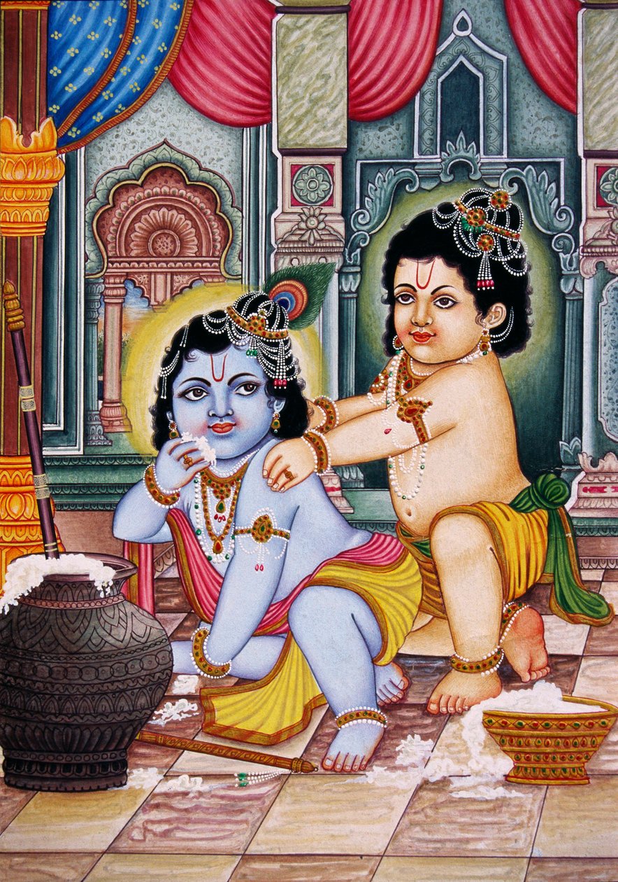 Bal Krishna 与 Balram 迷你纸上绘画 作者 印度学校