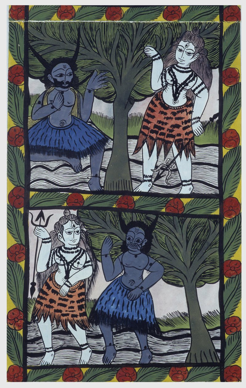 Kama, god of desir, sends a love arrow to Shiva in meditation, to unite with Parvati. Pat: painted roll of the Bengal region, serving as a narrative medium for the singers Baoul (Baul). Leonard de Selva private collection. 作者 印度学校