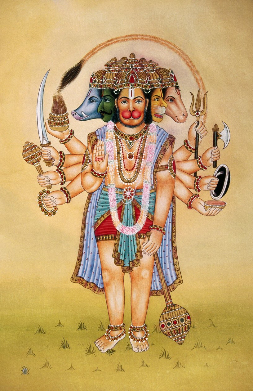 Panchmukhi 主哈努曼纸上微型绘画 作者 印度学校