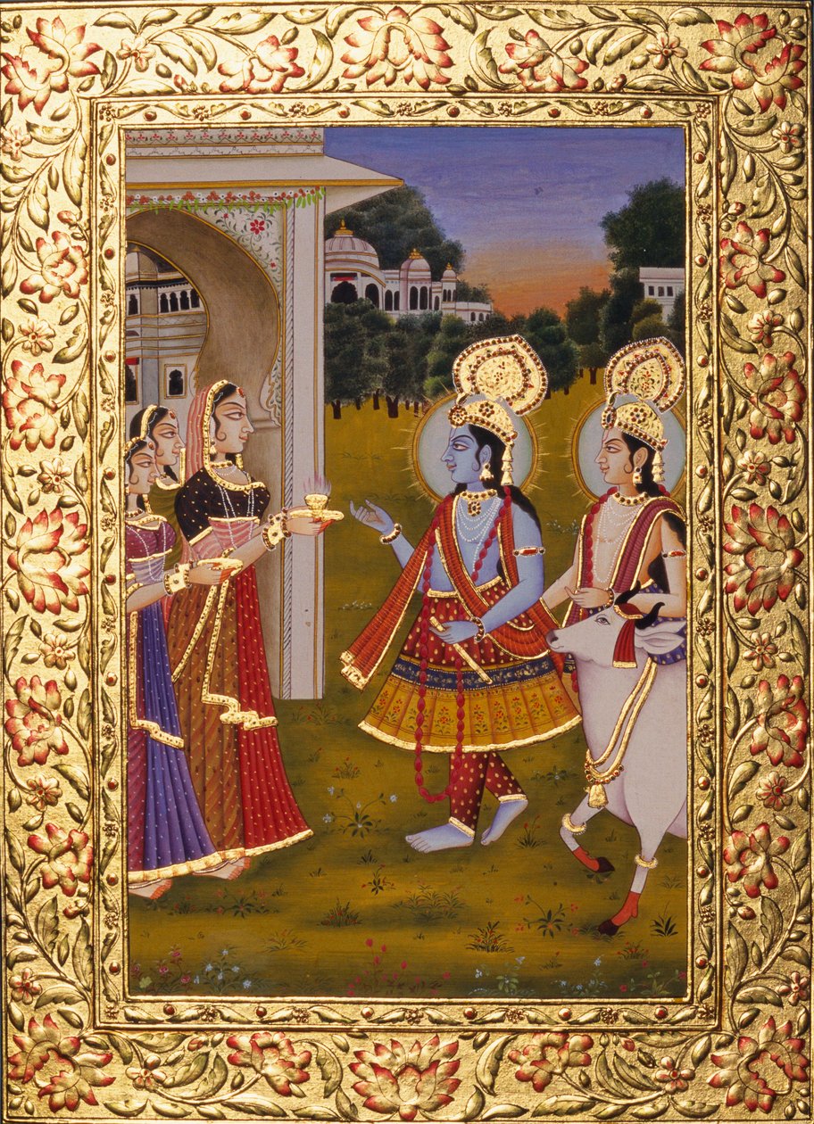 拉德哈-克利须那迷你纸上油画与金色浮雕 作者 印度学校