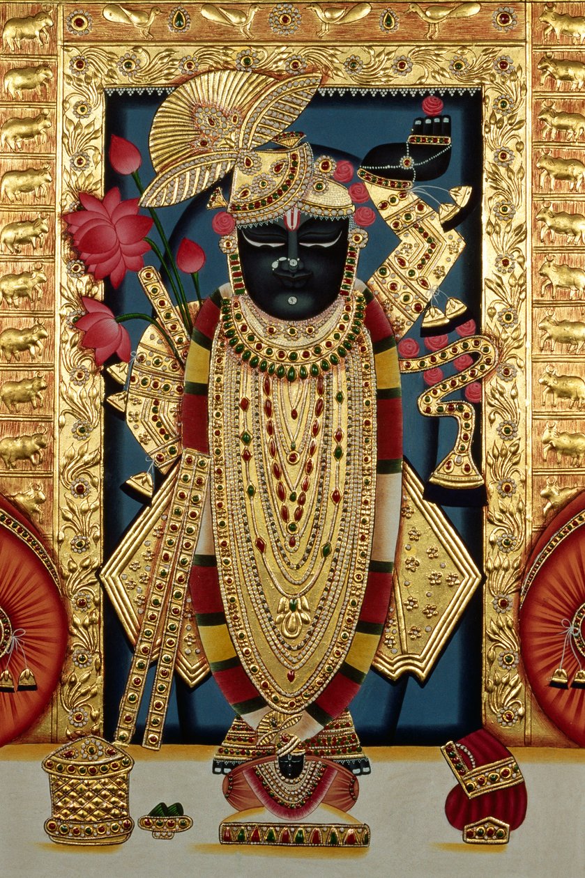 Shri Lord Shree Nathji 或 Shreenathji at Nathdwara 纸上微型画，带金色浮雕 作者 印度学校