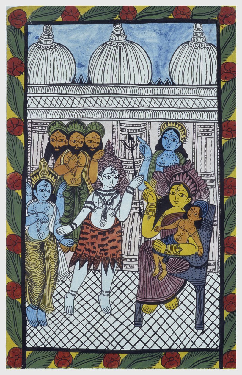 众神来欣赏克里希纳，体现在一个美丽的孩子身上，格涅沙（Ganesh或Ganapati）坐在他母亲帕瓦蒂的膝盖上。帕特：孟加拉地区的彩绘卷，作为歌手巴乌尔（Baul）的叙述媒介。伦纳德-德 作者 印度学校