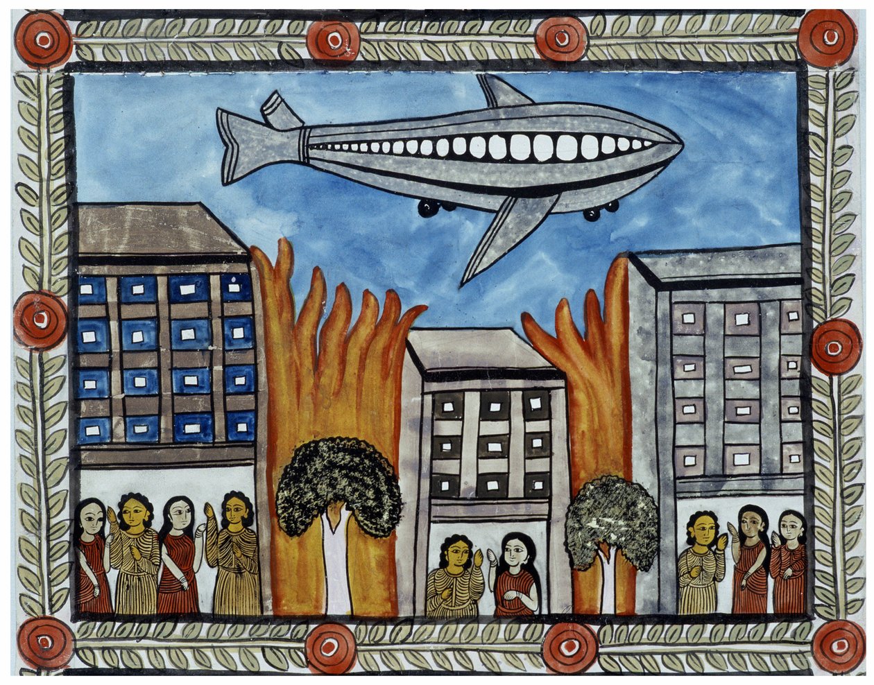 The story of the attacks of 11 September 2001 told by the peddlers Baul from Bengal. Painting, series, number 6/9, Bengal. 作者 印度学校