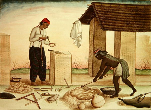 工人建房（纸上笔墨和水彩）。 作者 印度学校