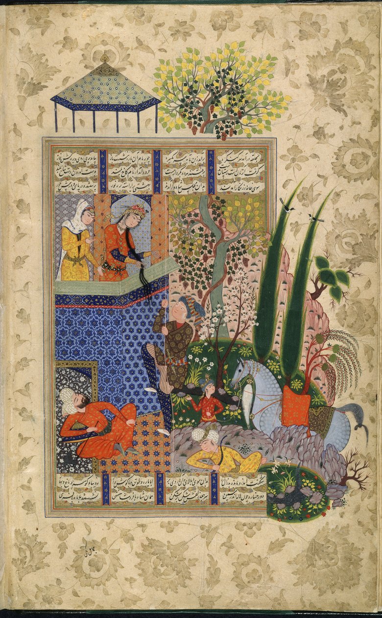 鲁达巴阳台上的扎尔，选自 Firdawsi 的《Shahnama》（牛皮纸）。 作者 学校伊朗人