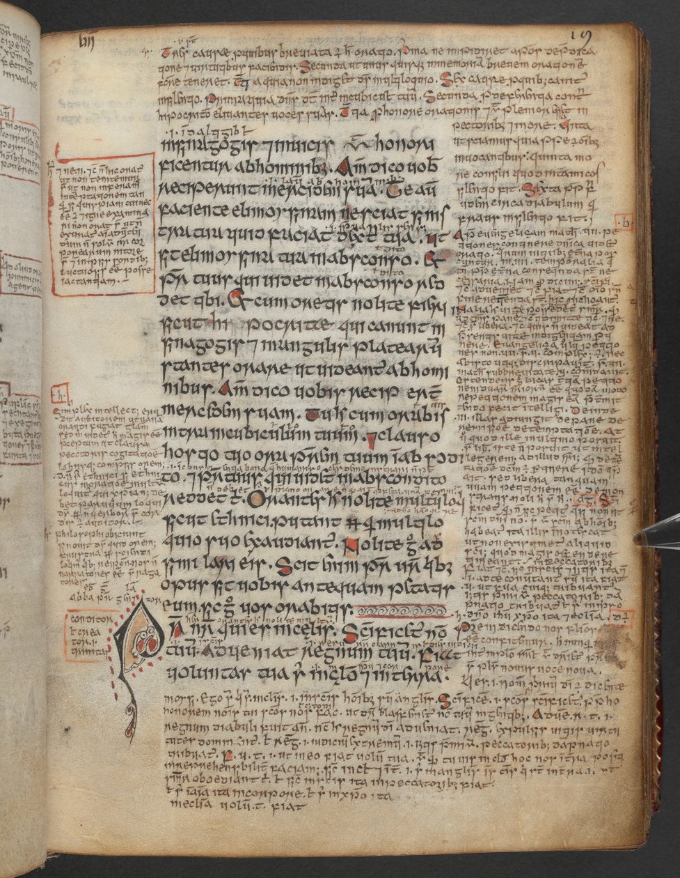 哈雷 1802，f.19r，带兽头的装饰首字母 "P"（ater），位于 Pater Noster 或主祷文开头，选自《梅尔布里特福音书》（"阿马福音书"；"梅尔布里特福音书"），附注释 作者 爱尔兰学校