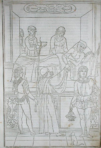 医生看望病人，摘自约翰内斯-德-凯瑟姆（约1490年）的《Fascilulus Medicinae》 15-16世纪（木刻）。 作者 学校意大利语