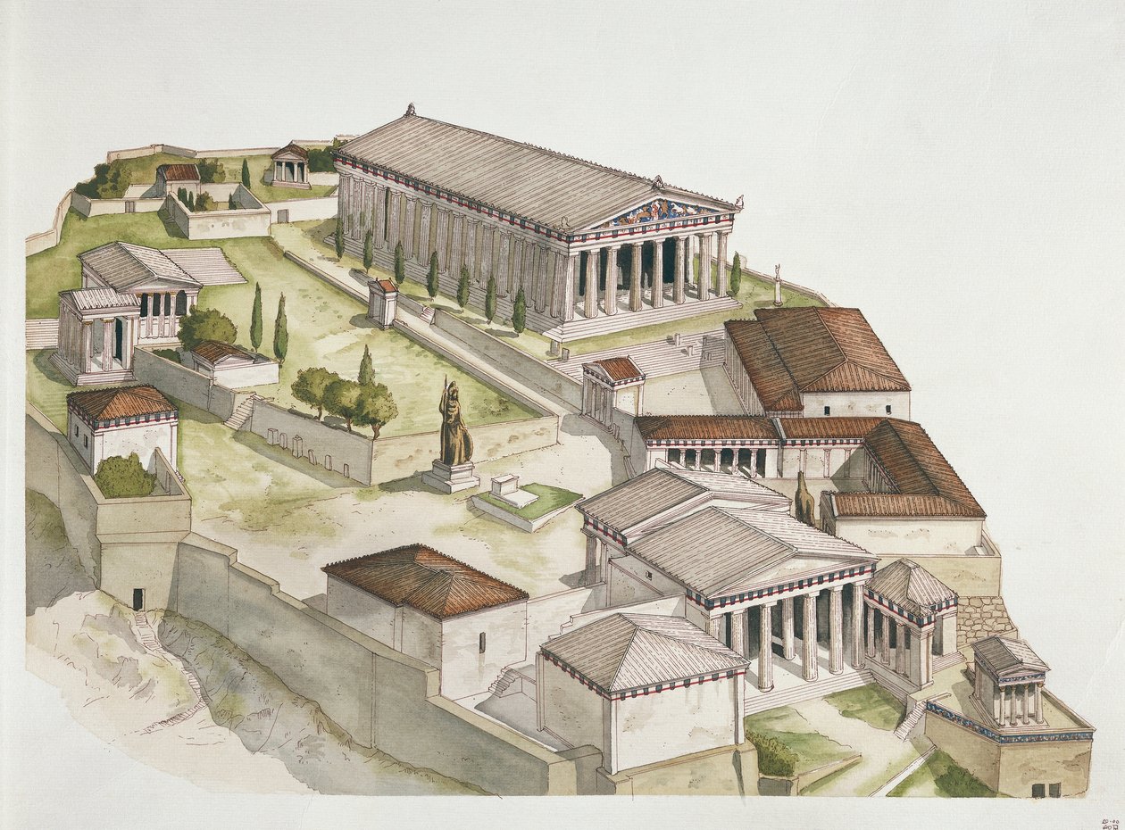 古代雅典--雅典卫城的重建，公元前5世纪（彩色平版印刷）。 作者 学校意大利语
