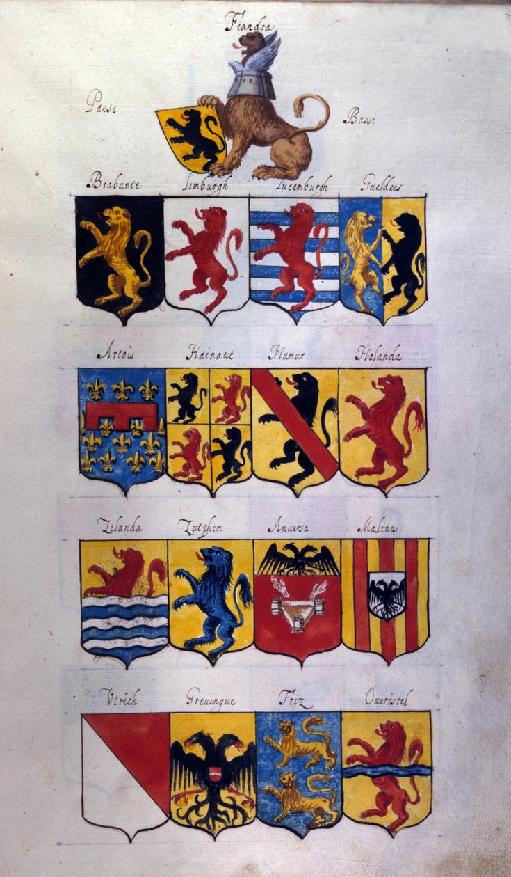 荷兰的 Blazon（荷兰、佛兰德斯、埃诺）与龙，米兰的 Archivio di Stato 作者 学校意大利语