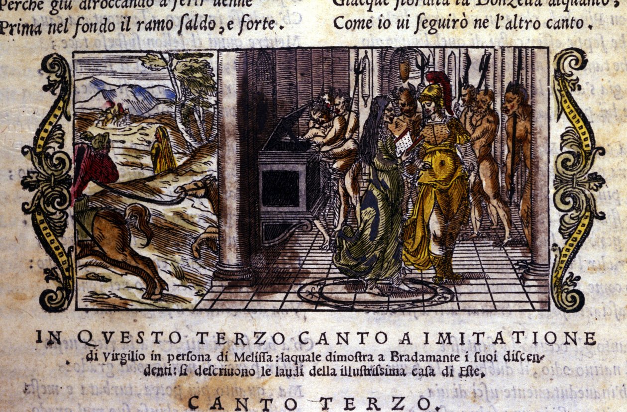布拉达曼特遇到了魔术师梅利斯，他告诉她她和罗杰 (Ruggero, Ruggiero) 建立了埃斯特王朝，场景取自 Ludovico Ariosto (1474 - 1533) 的骑士诗“Orlando Furioso”（The Furious Roland），dit L