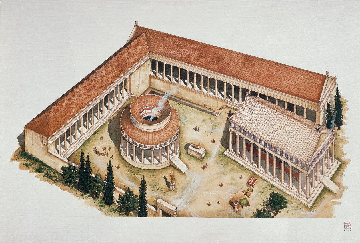 仪式性的圆形托洛斯和阿斯克勒庇俄斯神庙，埃皮达罗斯，公元前4世纪（彩色平版印刷）。 作者 学校意大利语