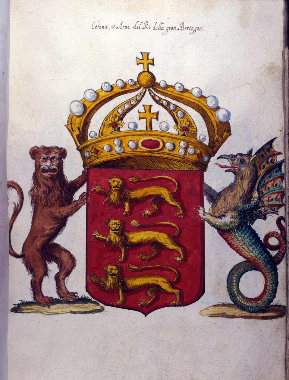 Coat of arms of the British royal family decorates a crown, a lion “””””” and a fantastic creature. State Archive, Milan 作者 学校意大利语