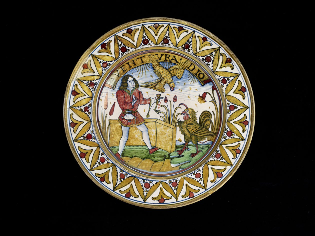 带有伊索寓言场景的菜肴，可能是德鲁塔，约 1490-1510 年（maiolica） 作者 学校意大利语