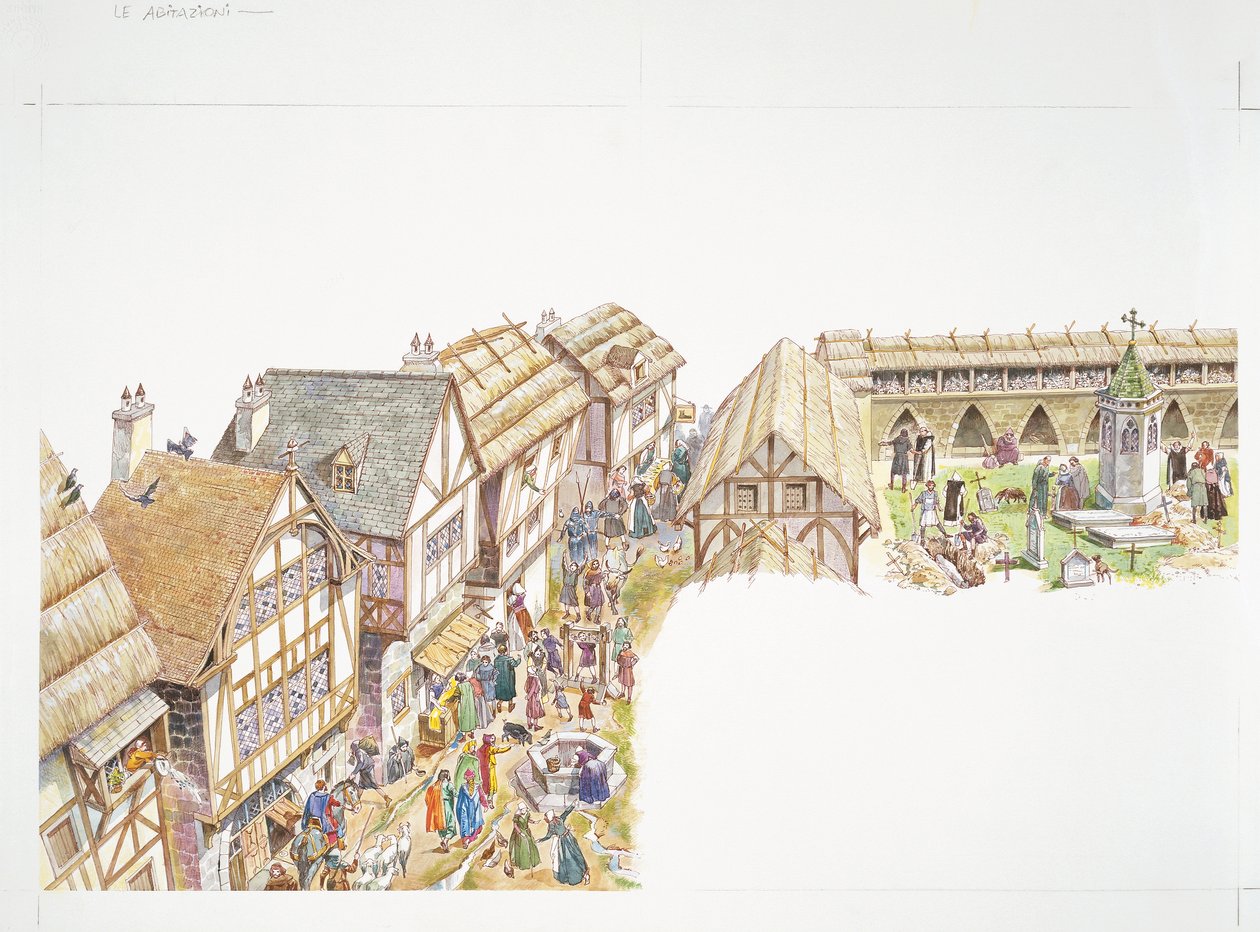 法国，中世纪--重建一个村庄的日常生活（彩色平版画 作者 学校意大利语