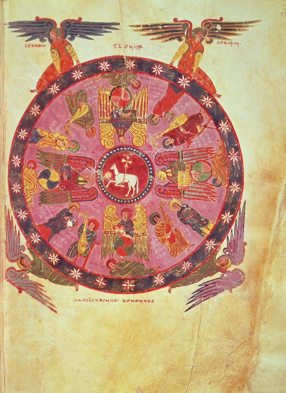 Ms. M. 644 f.87 《启示录》4:4 二十四位长老对羔羊的崇拜，776 年利巴纳和瓦尔卡瓦多的贝亚图斯 "启示录注释 "的副本（牛皮纸）。 作者 学校意大利语