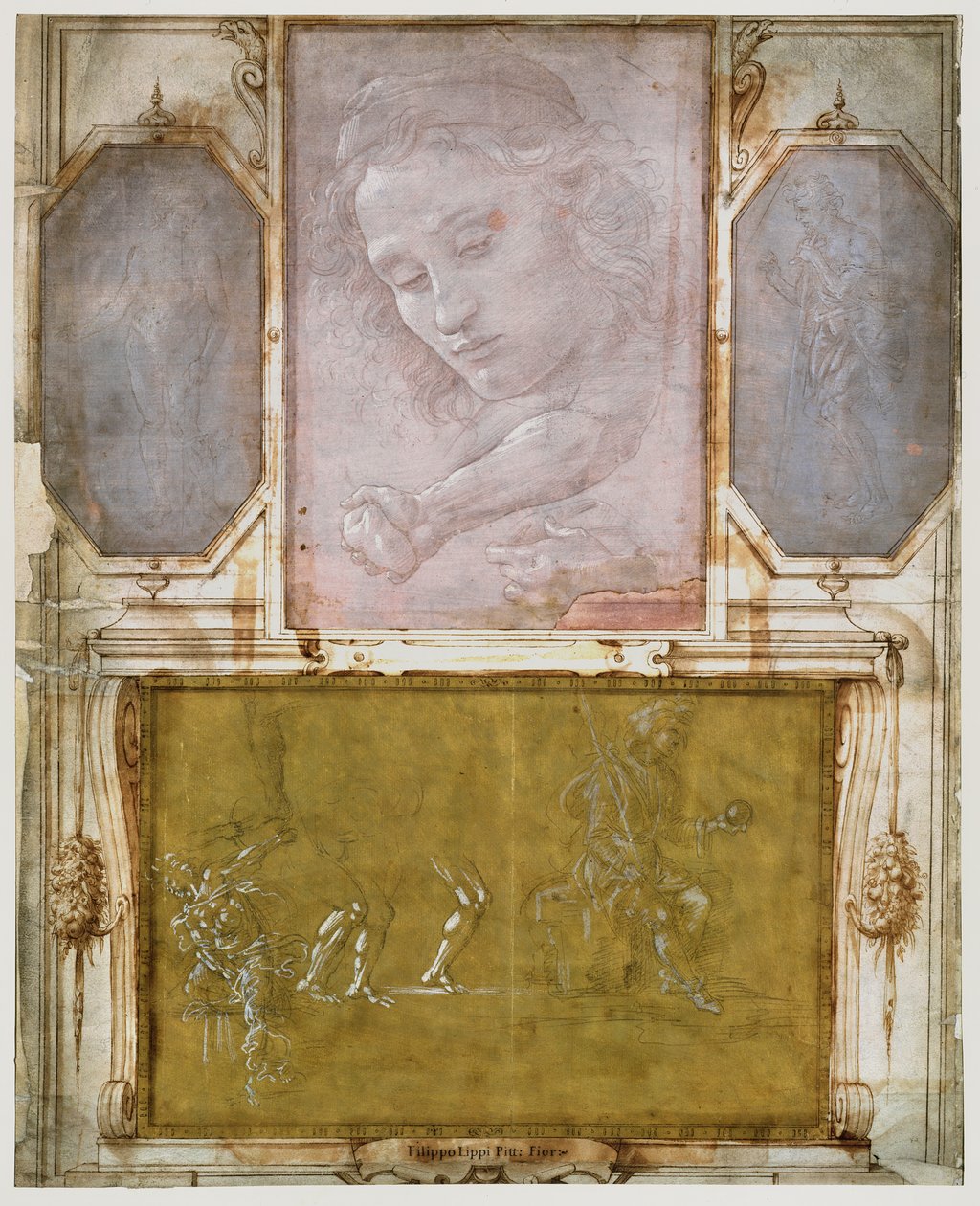 乔治·瓦萨里（Georgio Vasari）（1511-74）的“ Libro dei Desegni”的页面在1524年之后装裱并裱框（纸上的金属笔）（有关详细信息，请参见474784） 作者 学校意大利语