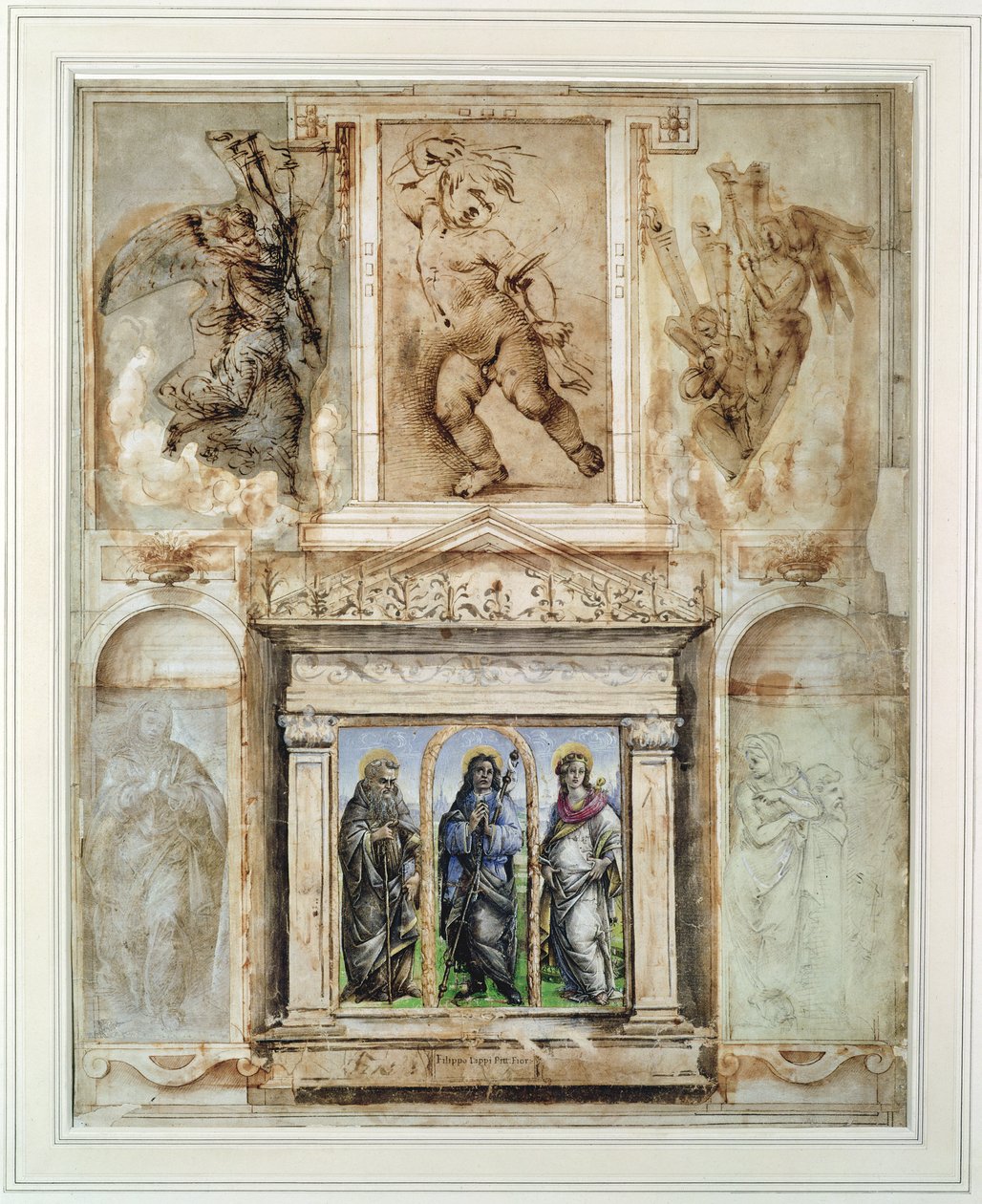 乔治·瓦萨里（Georgio Vasari）（1511-74）的“ Libro dei Desegni”的页面在1524年之后装裱并裱框（纸上的金属笔） 作者 学校意大利语