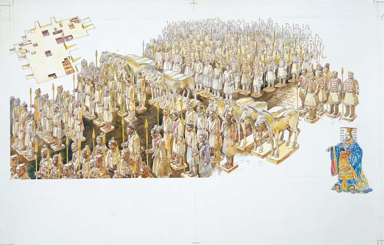 秦始皇陵墓中的兵马俑（彩色石版画 作者 学校意大利语