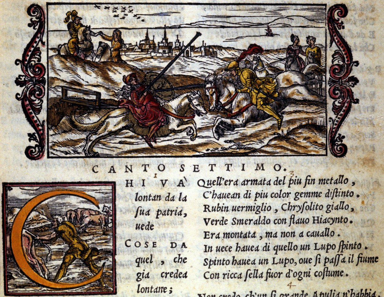 骑在狼身上的巨型 Eryphila 与罗杰 (Ruggero, Ruggiero) 战斗 - Ludovico Ariosto (1474 - 1533) 的骑士诗“Orlando Furioso”（The Furious Roland）的场景，名为 L