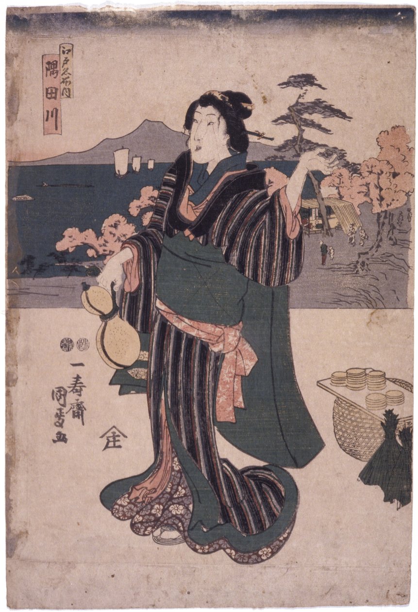 江户名所内：隅田川（拿着葫芦的女人）（彩色木刻） 作者 学校日语